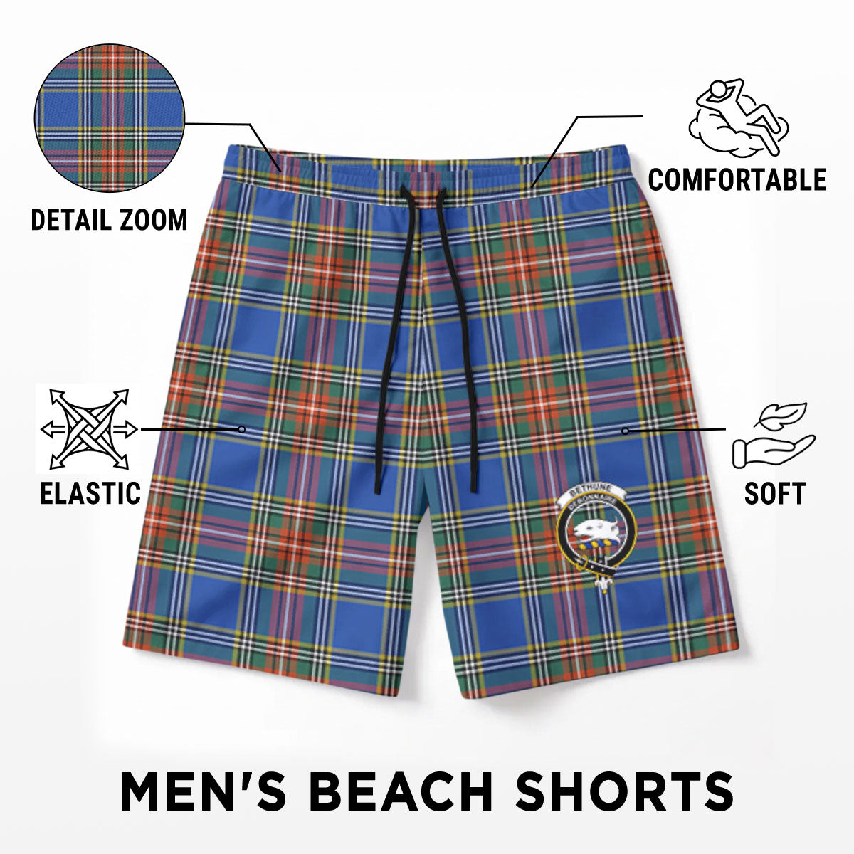 Bethune Ancient Tartan Crest Men's Beach Shorts
