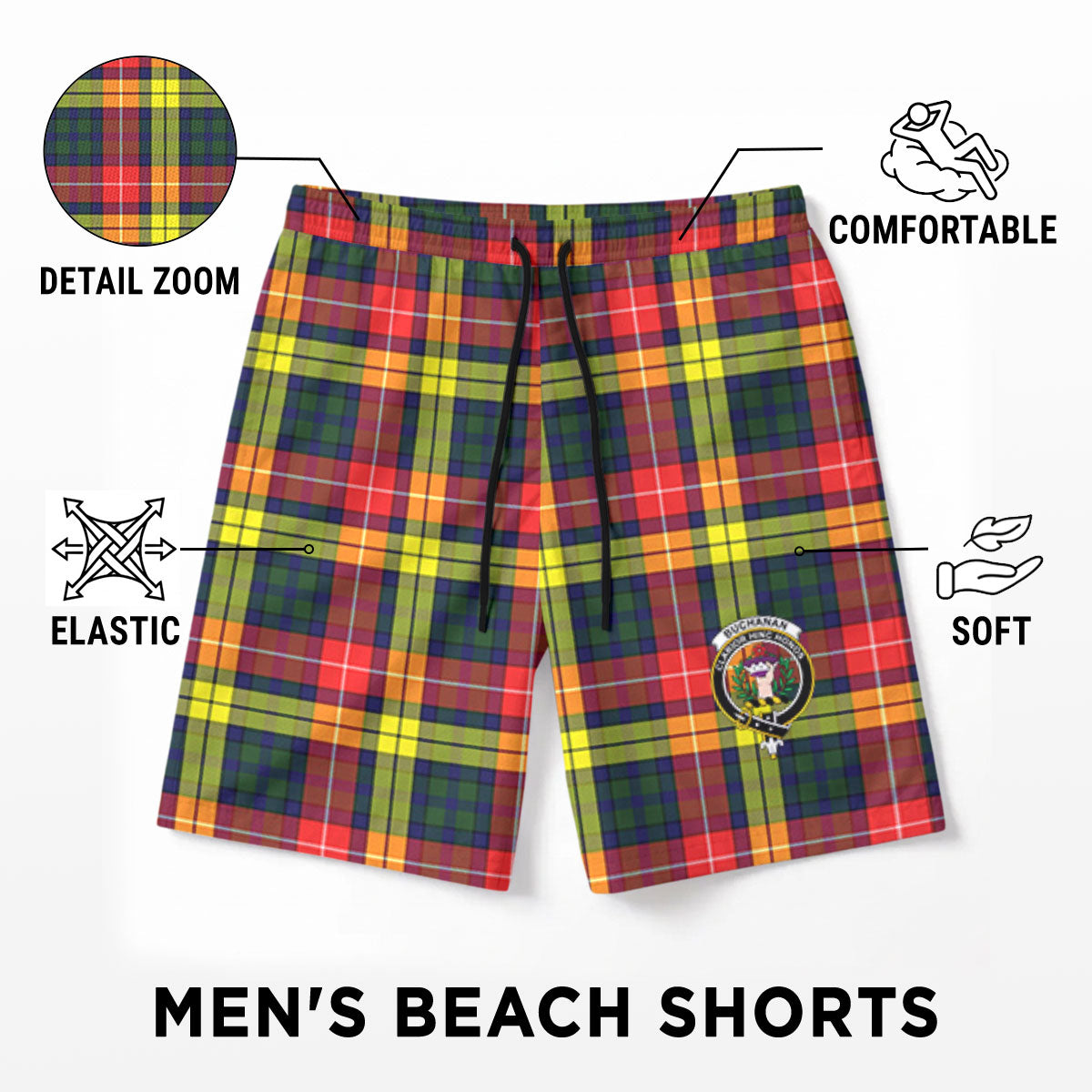 Buchanan Modern Tartan Crest Men's Beach Shorts