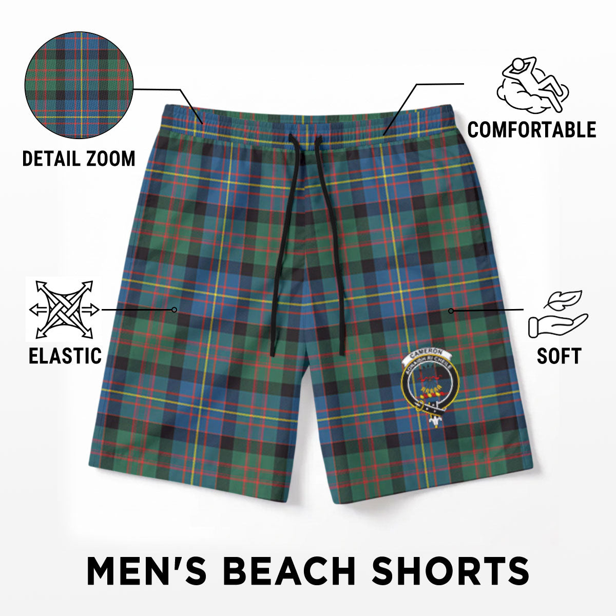 Cameron of Erracht Ancient Tartan Crest Men's Beach Shorts
