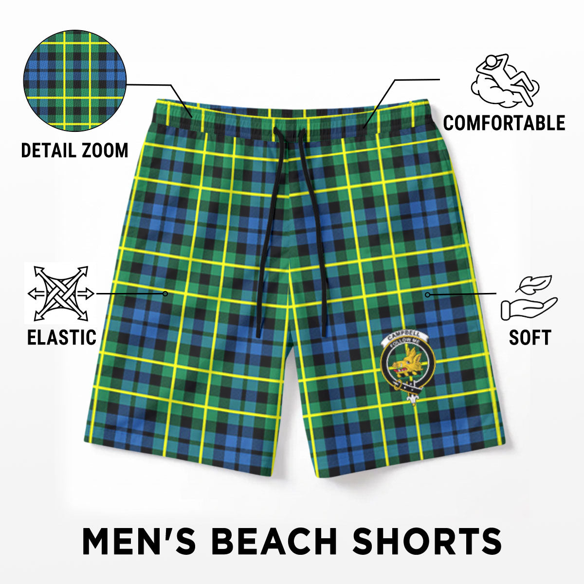 Campbell of Breadalbane Ancient Tartan Crest Men's Beach Shorts