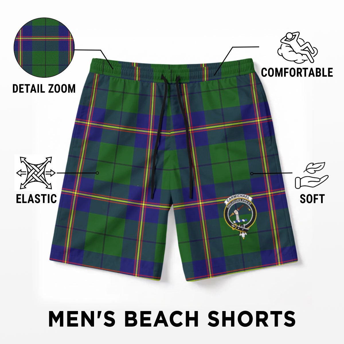 Carmichael Modern Tartan Crest Men's Beach Shorts