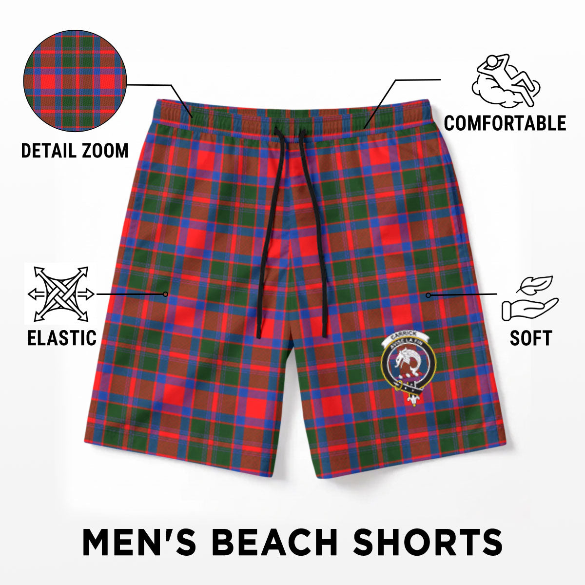 Carrick District Tartan Crest Men's Beach Shorts