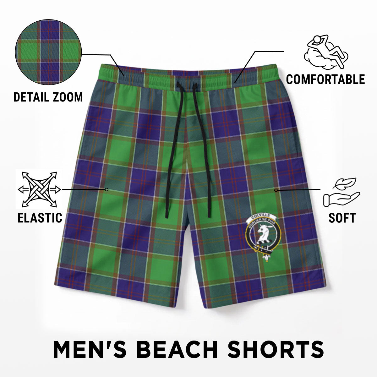 Colville Tartan Crest Men's Beach Shorts