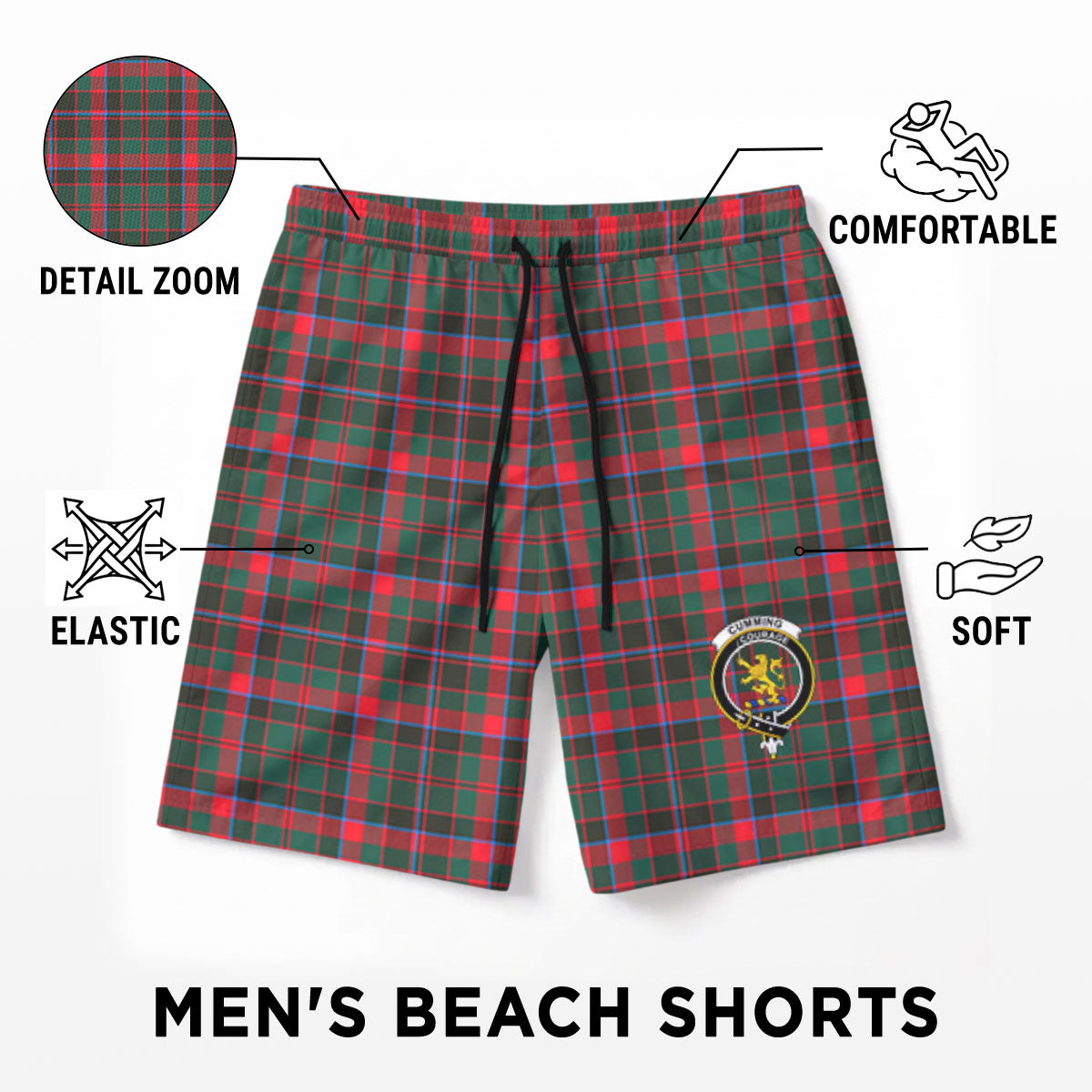 Cumming Hunting Modern Tartan Crest Men's Beach Shorts
