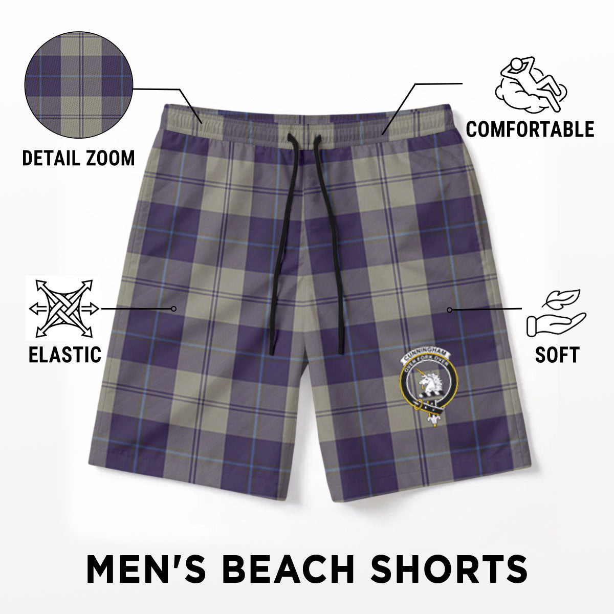 Cunningham Dress Blue Dancers Tartan Crest Men's Beach Shorts