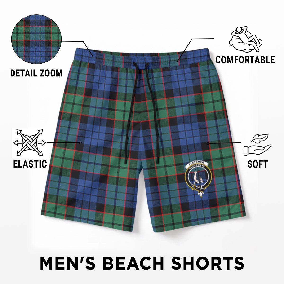 Fletcher Ancient Tartan Crest Men's Beach Shorts