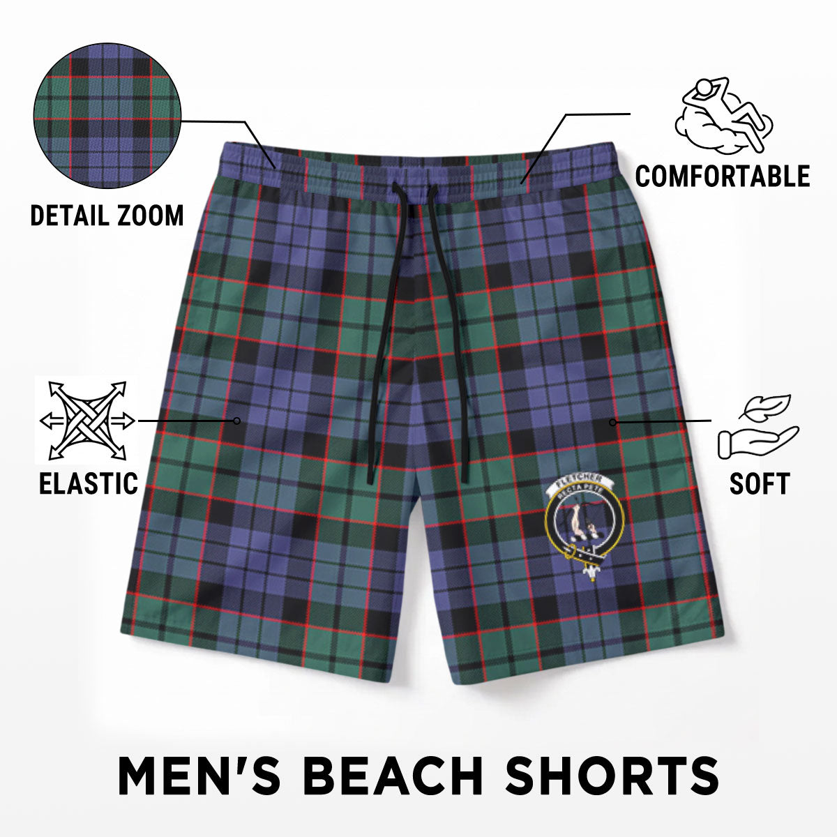 Fletcher Modern Tartan Crest Men's Beach Shorts