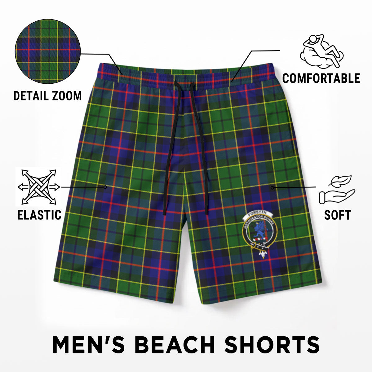 Forsyth Modern Tartan Crest Men's Beach Shorts