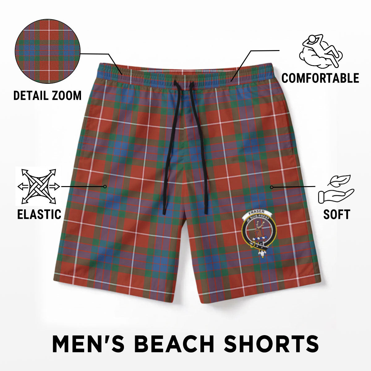 Fraser (of Lovat) Ancient Tartan Crest Men's Beach Shorts