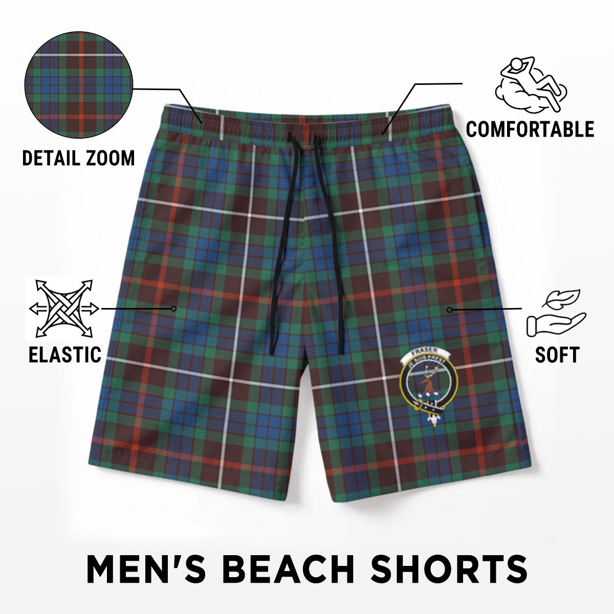 Fraser (of Lovat) Hunting Ancient Tartan Crest Men's Beach Shorts