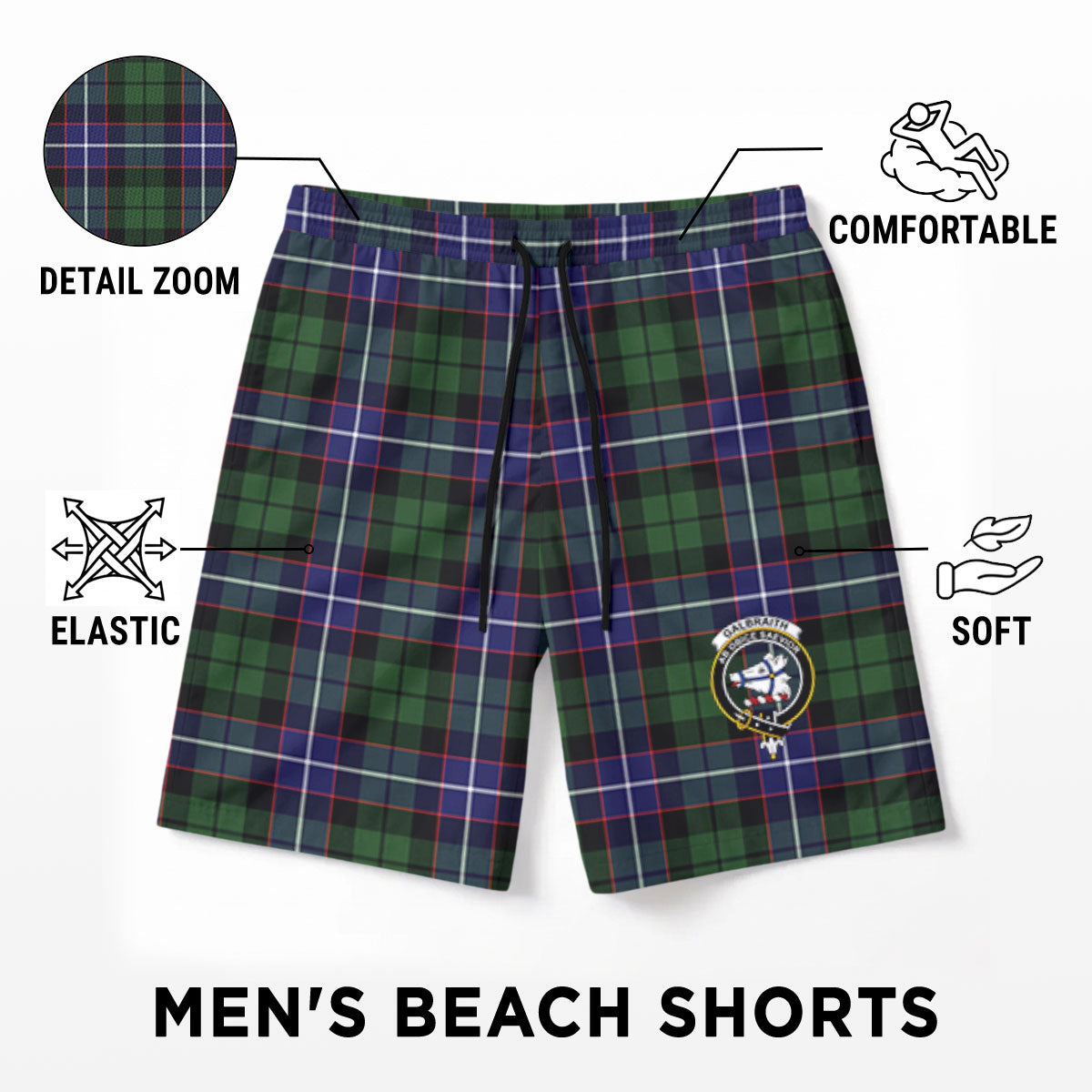 Galbraith Modern Tartan Crest Men's Beach Shorts