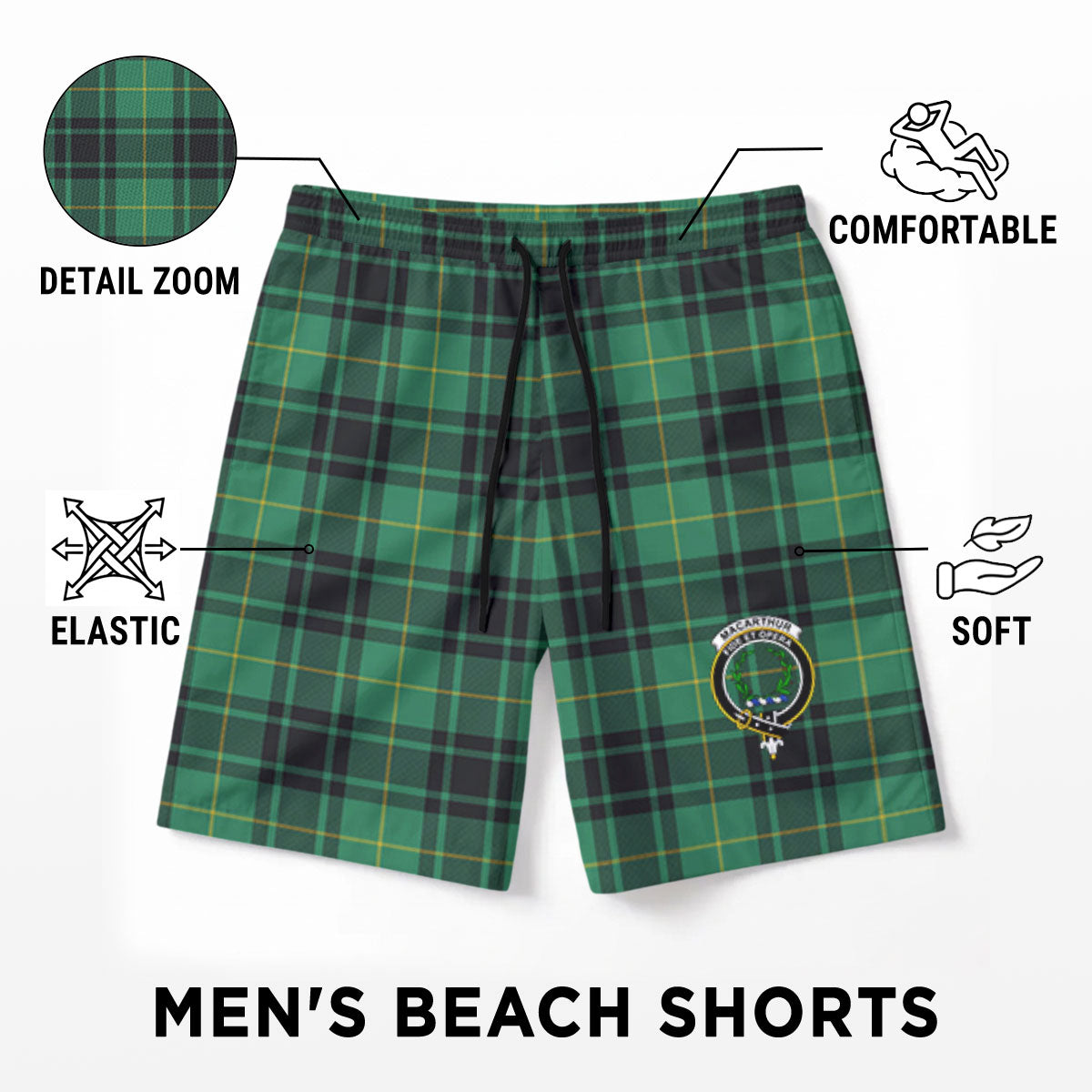 MacArthur Ancient Tartan Crest Men's Beach Shorts