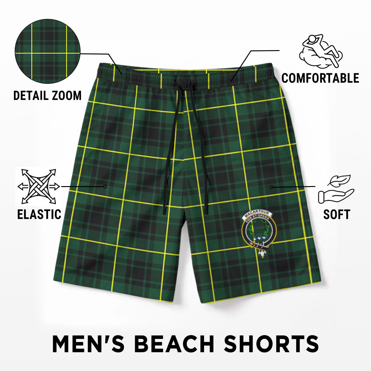 MacArthur Modern Tartan Crest Men's Beach Shorts