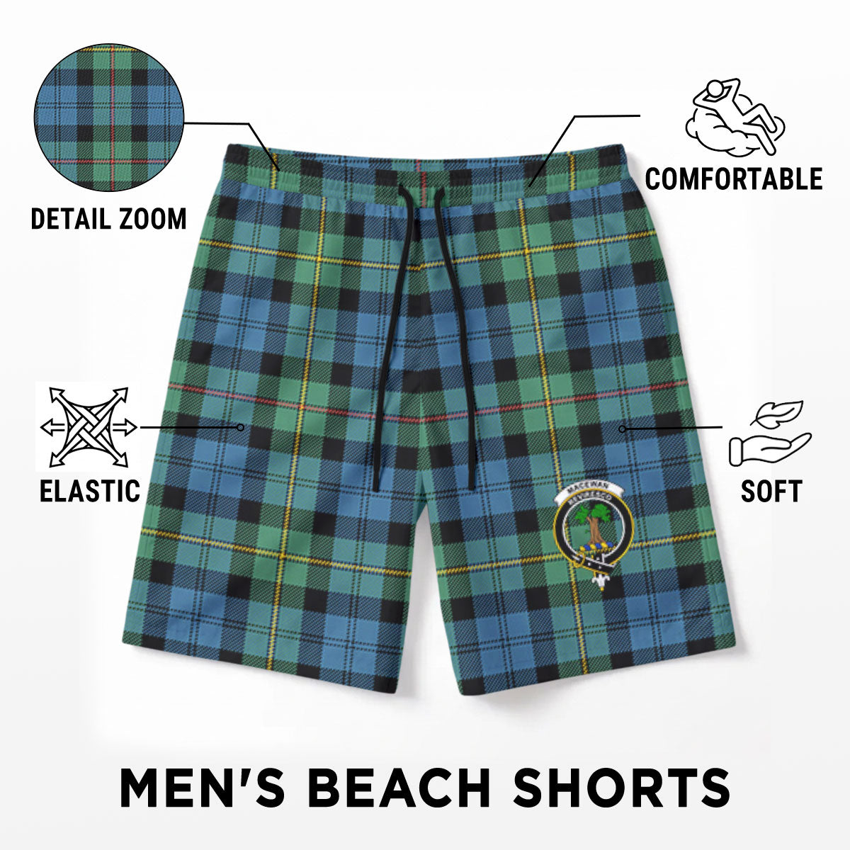 MacEwan Ancient Tartan Crest Men's Beach Shorts