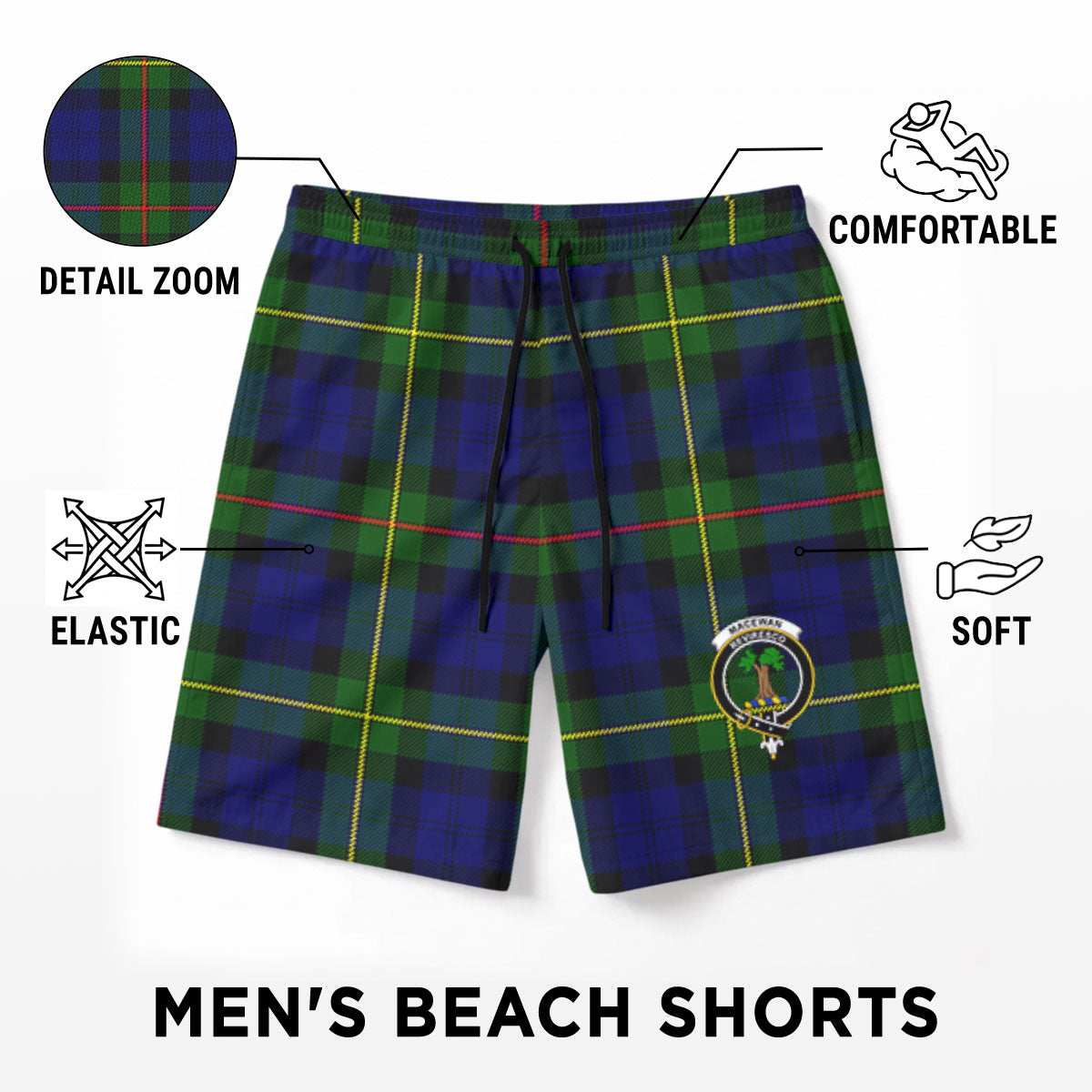 MacEwan Modern Tartan Crest Men's Beach Shorts