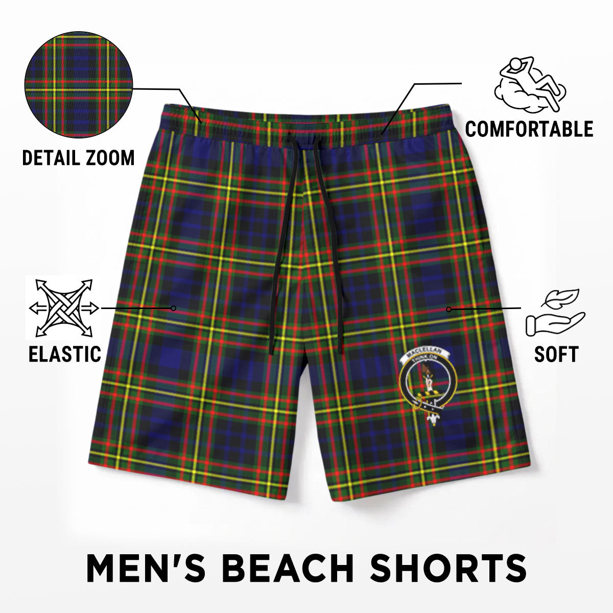 MacLellan Modern Tartan Crest Men's Beach Shorts
