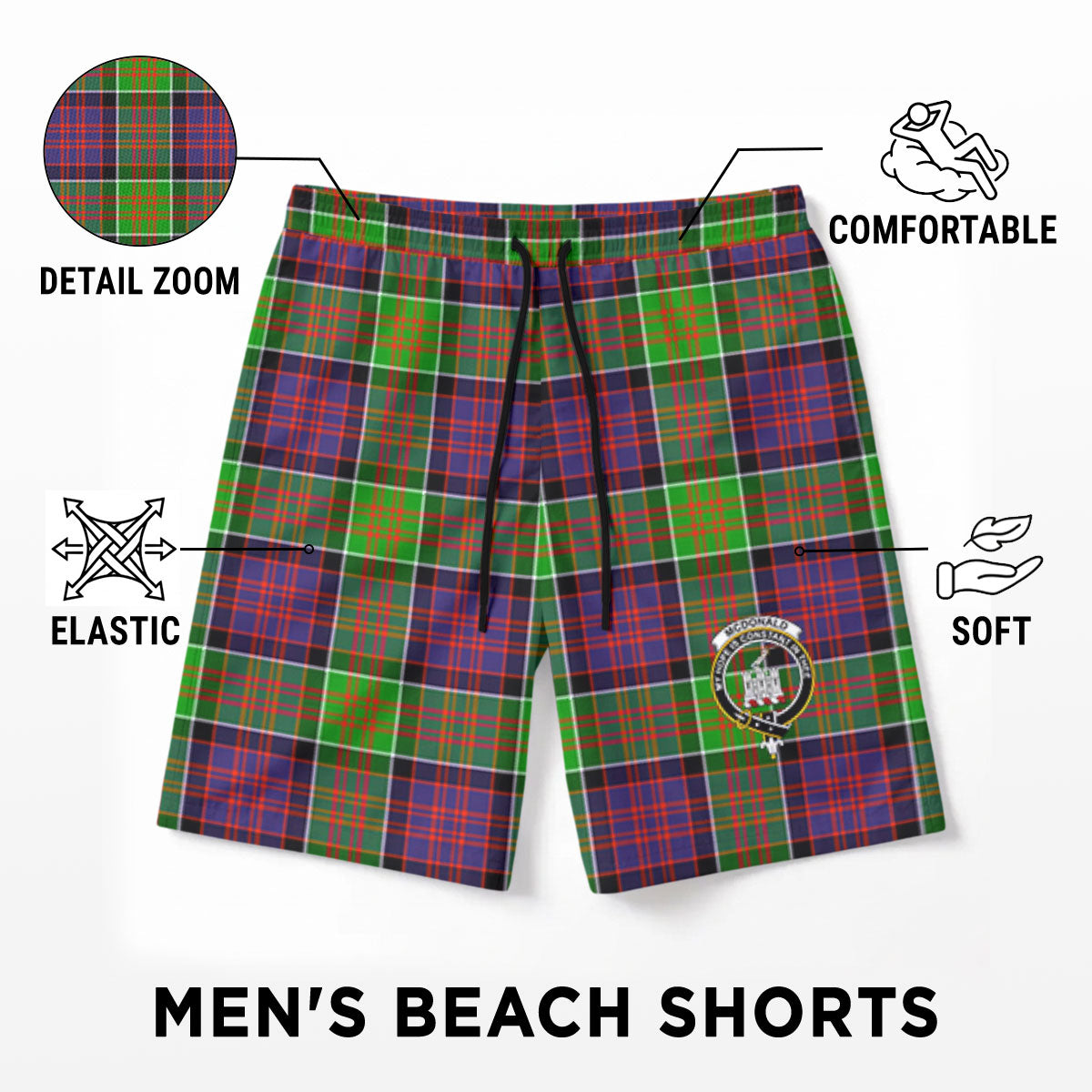 McDonald (Clan Ranald) Tartan Crest Men's Beach Shorts