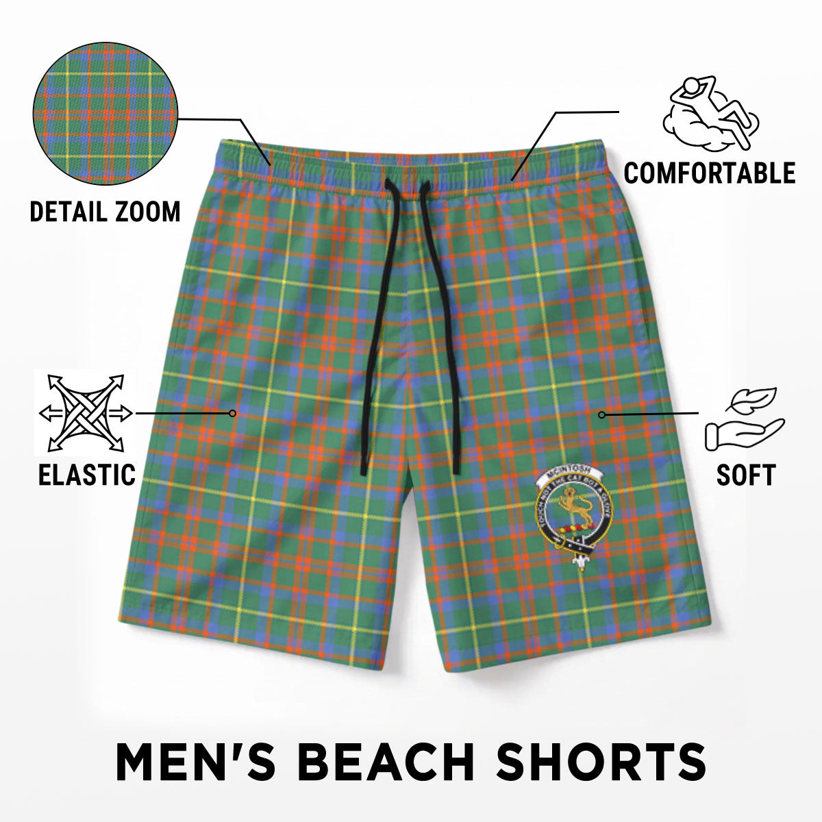 McIntosh Hunting Ancient Tartan Crest Men's Beach Shorts