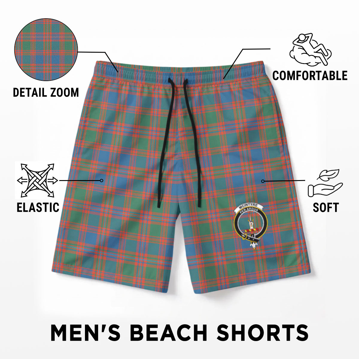McIntyre Ancient Tartan Crest Men's Beach Shorts