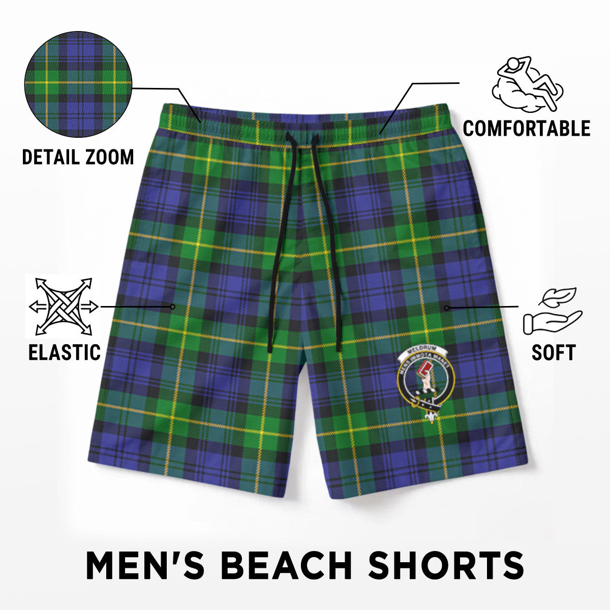 Meldrum Tartan Crest Men's Beach Shorts