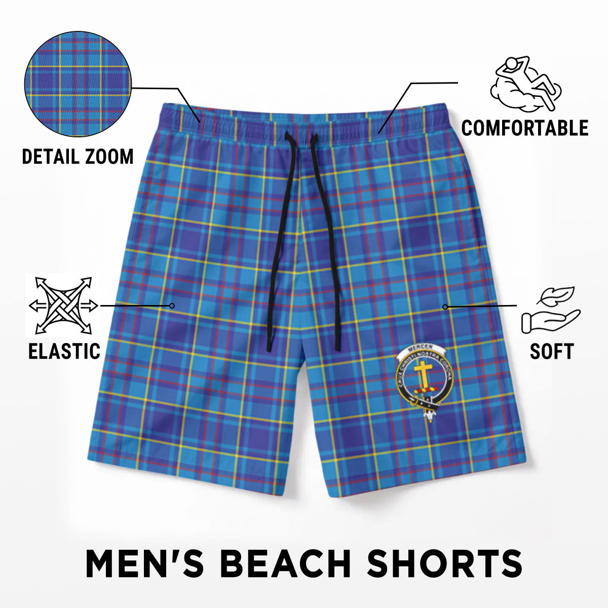 Mercer Modern Tartan Crest Men's Beach Shorts