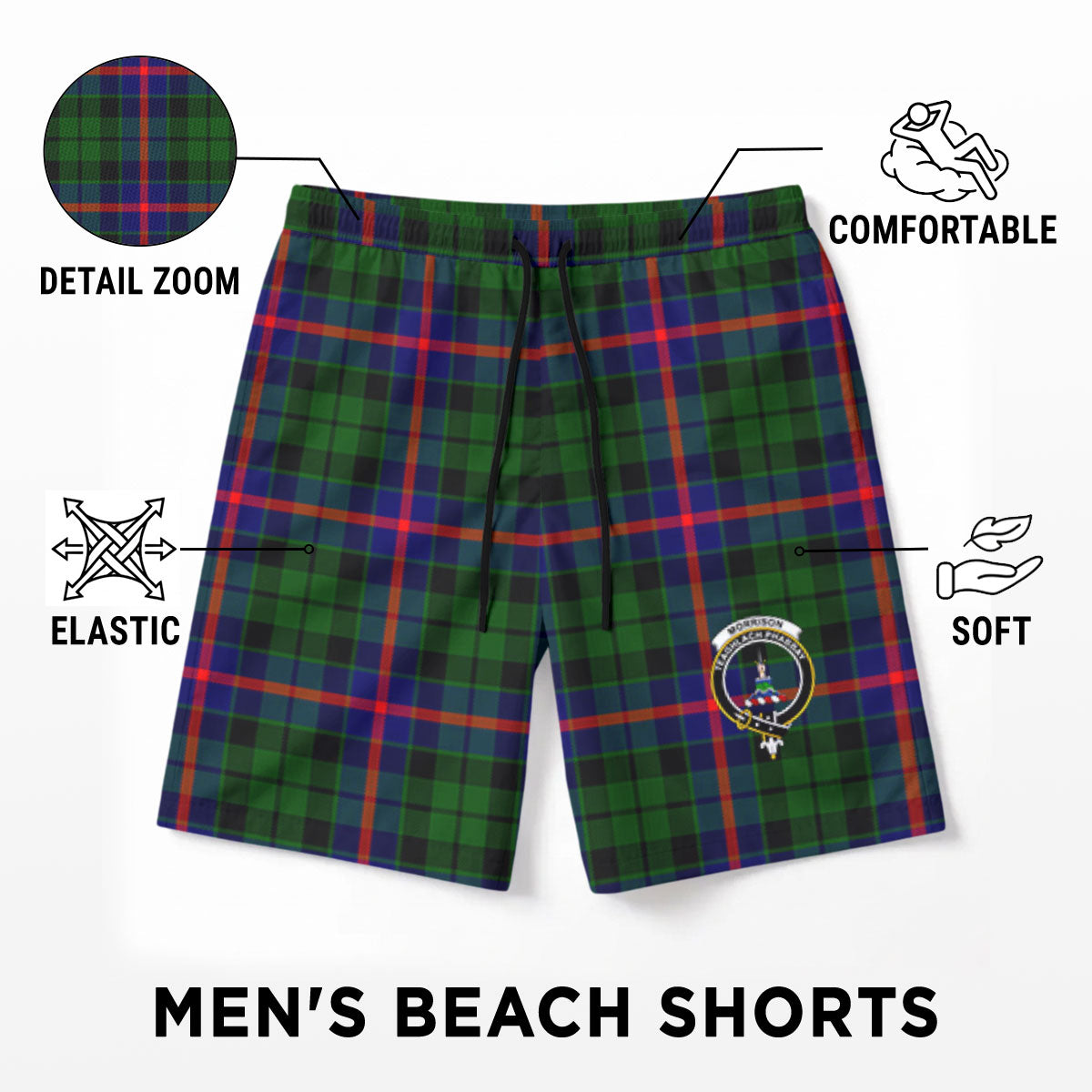 Morrison Modern Tartan Crest Men's Beach Shorts