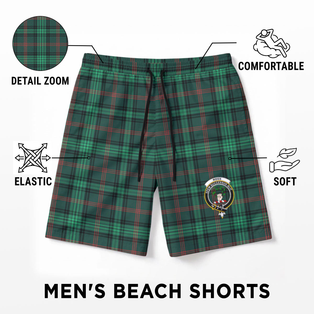 Ross Hunting Modern Tartan Crest Men's Beach Shorts