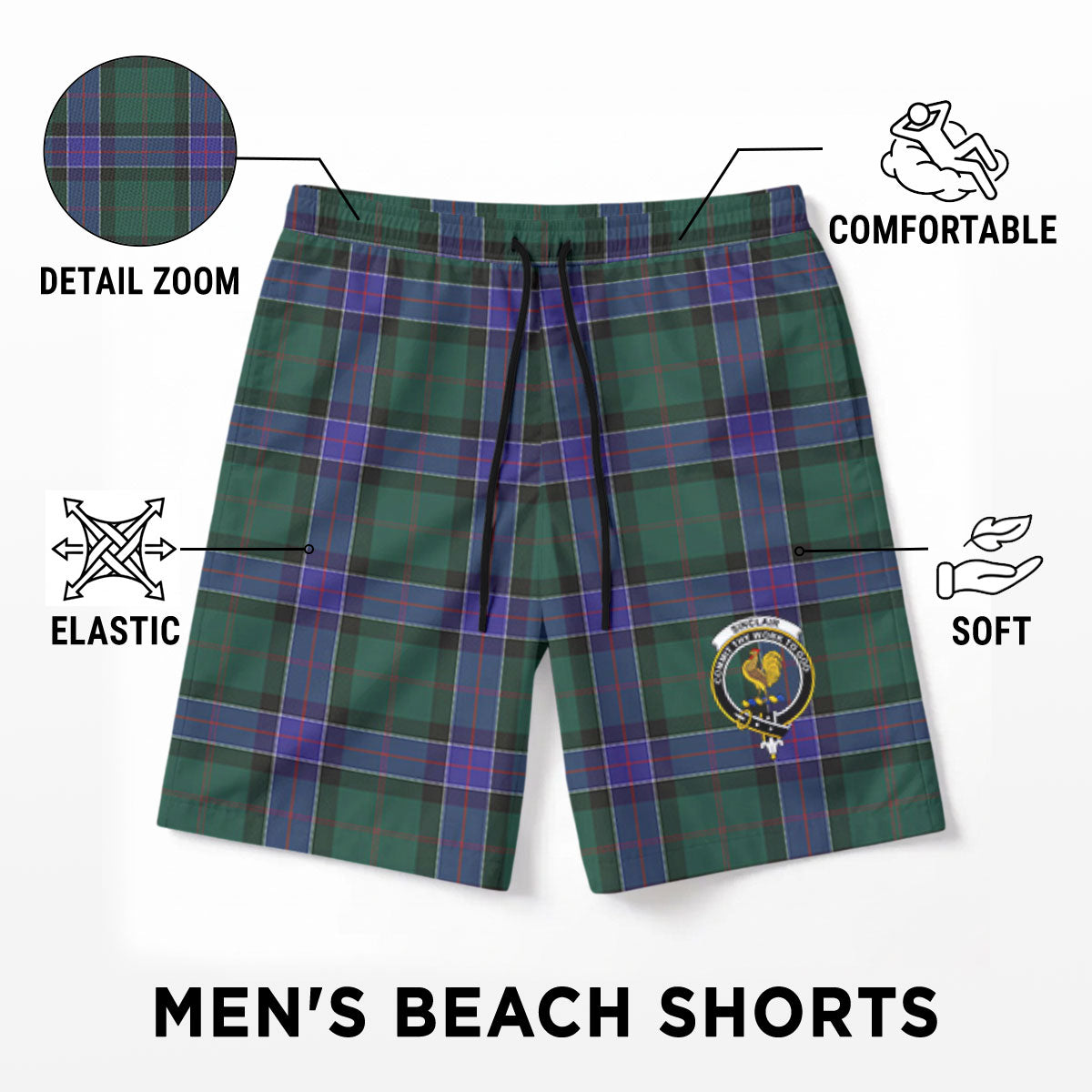Sinclair Hunting Modern Tartan Crest Men's Beach Shorts