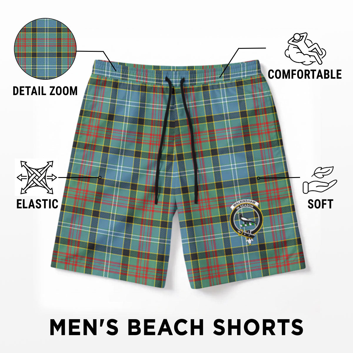 Walkinshaw Tartan Crest Men's Beach Shorts