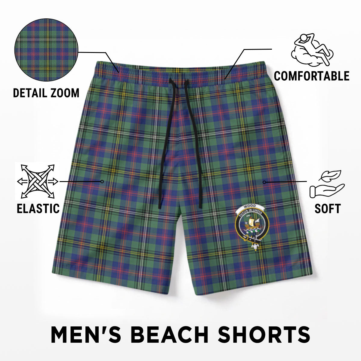 Wood Tartan Crest Men's Beach Shorts