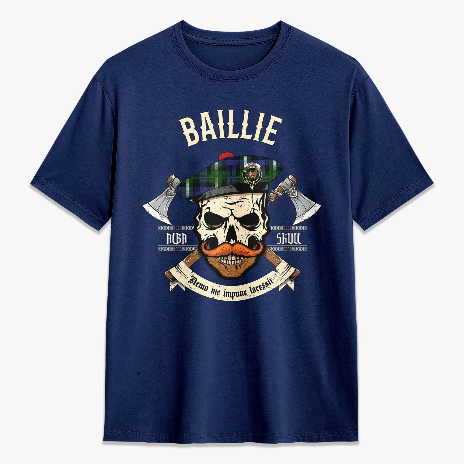 Baillie Modern Tartan Crest 2D T-shirt - Alba Skull Style