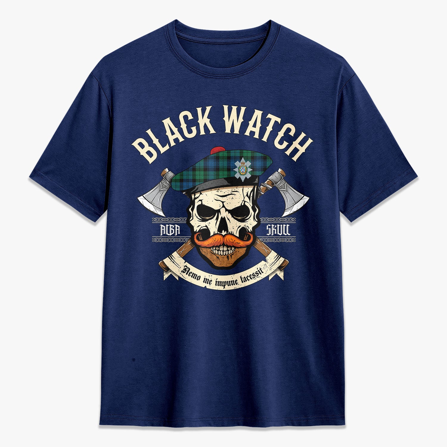 Black Watch Ancient Tartan Crest 2D T-shirt - Alba Skull Style