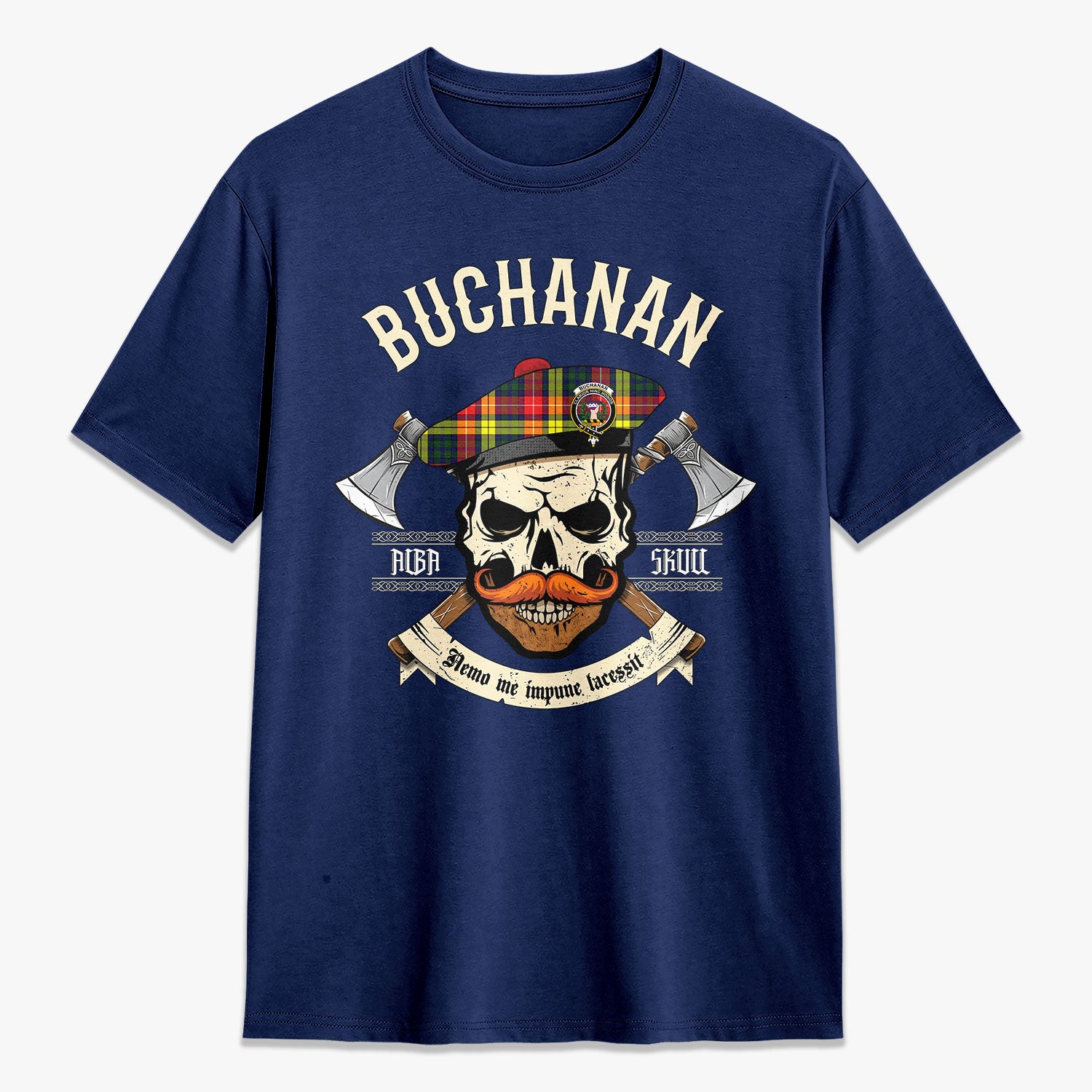 Buchanan Modern Tartan Crest 2D T-shirt - Alba Skull Style