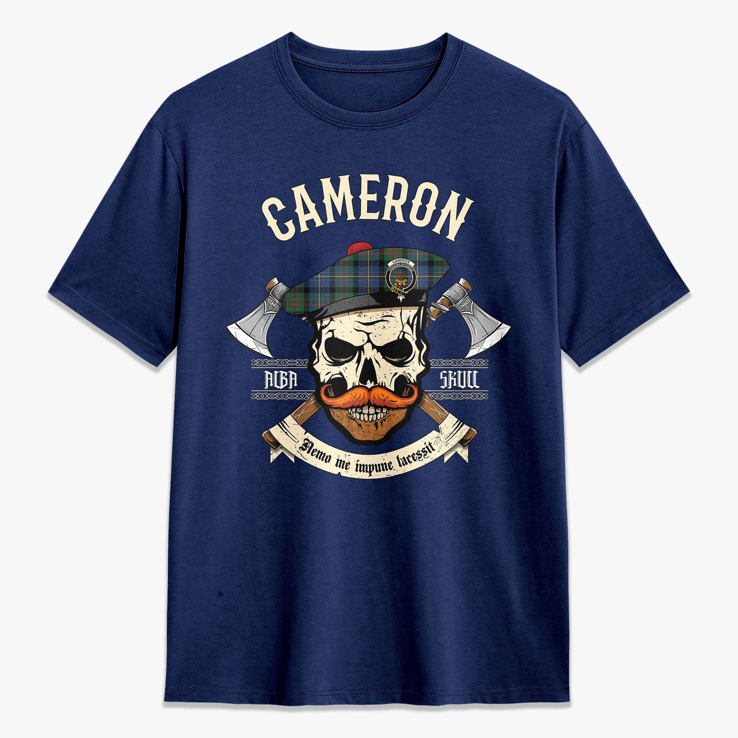 Cameron of Erracht Ancient Tartan Crest 2D T-shirt - Alba Skull Style