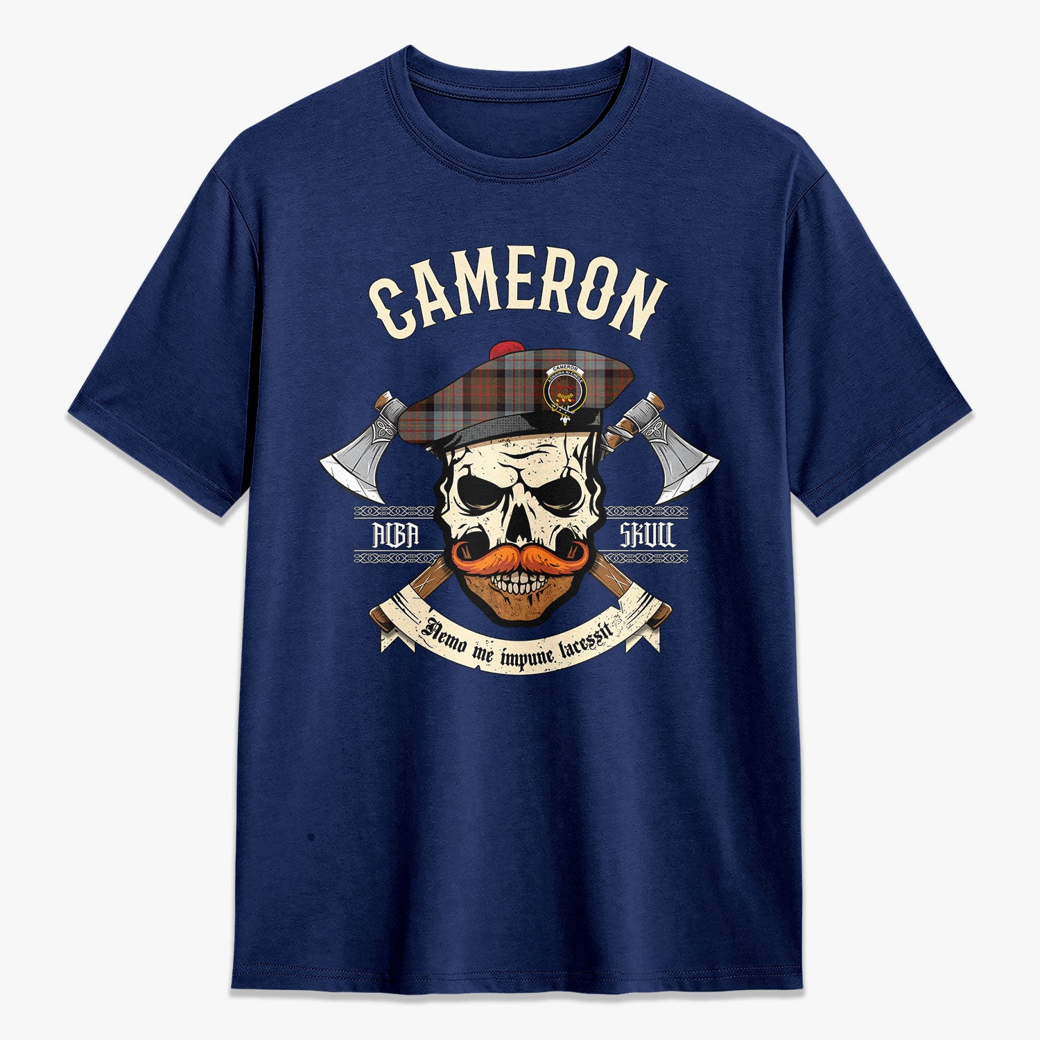 Cameron of Erracht Weathered Tartan Crest 2D T-shirt - Alba Skull Style