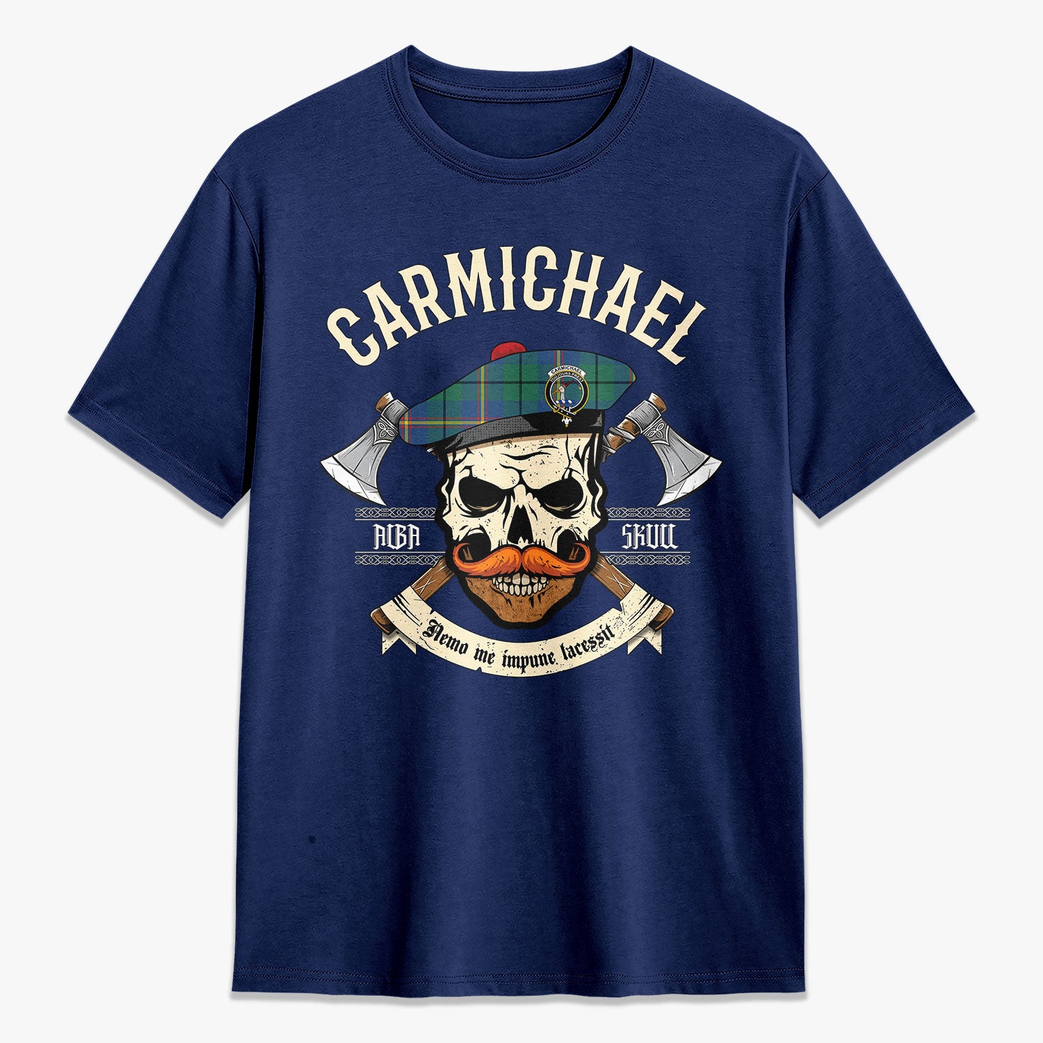 Carmichael Ancient Tartan Crest 2D T-shirt - Alba Skull Style