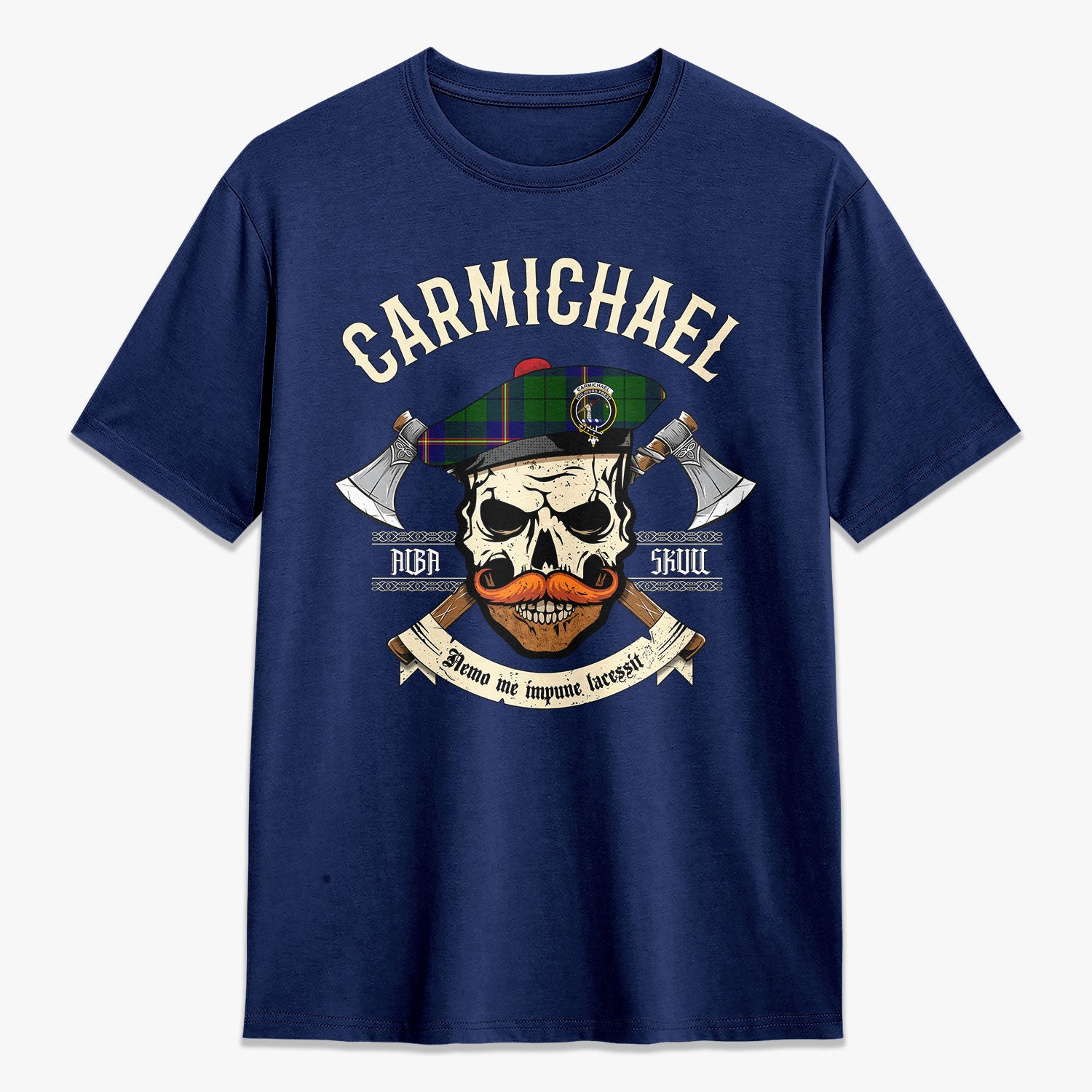 Carmichael Modern Tartan Crest 2D T-shirt - Alba Skull Style