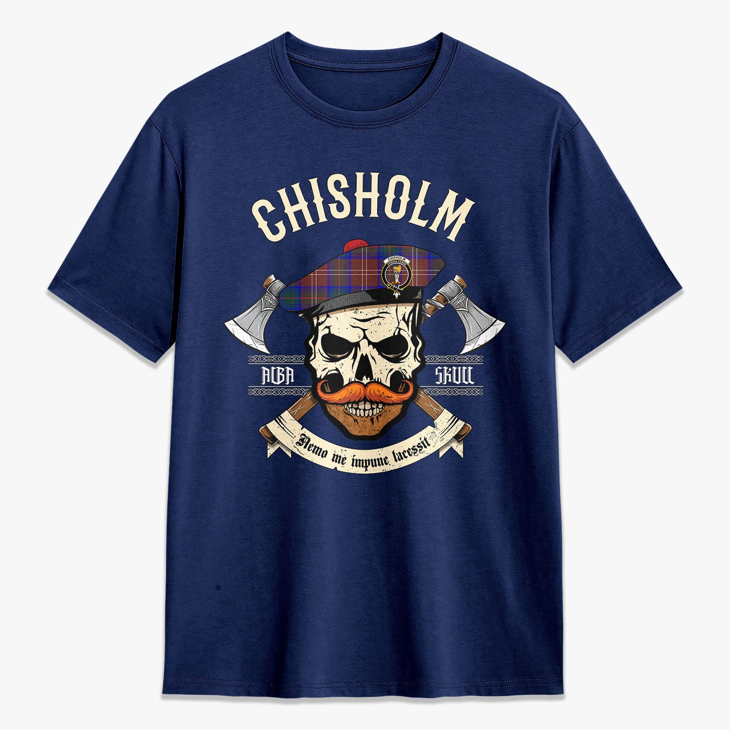 Chisholm Hunting Modern Tartan Crest 2D T-shirt - Alba Skull Style