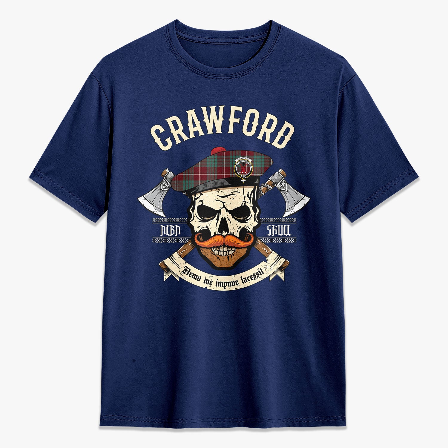 Crawford Modern Tartan Crest 2D T-shirt - Alba Skull Style