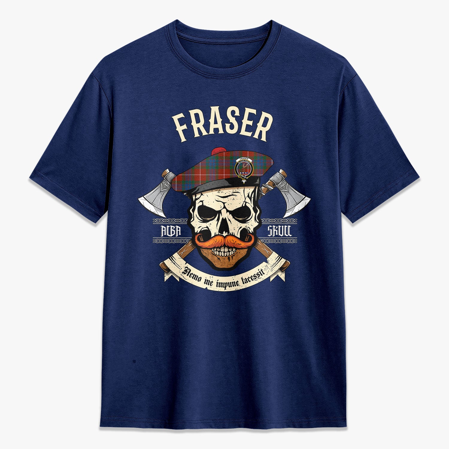 Fraser (of Lovat) Ancient Tartan Crest 2D T-shirt - Alba Skull Style