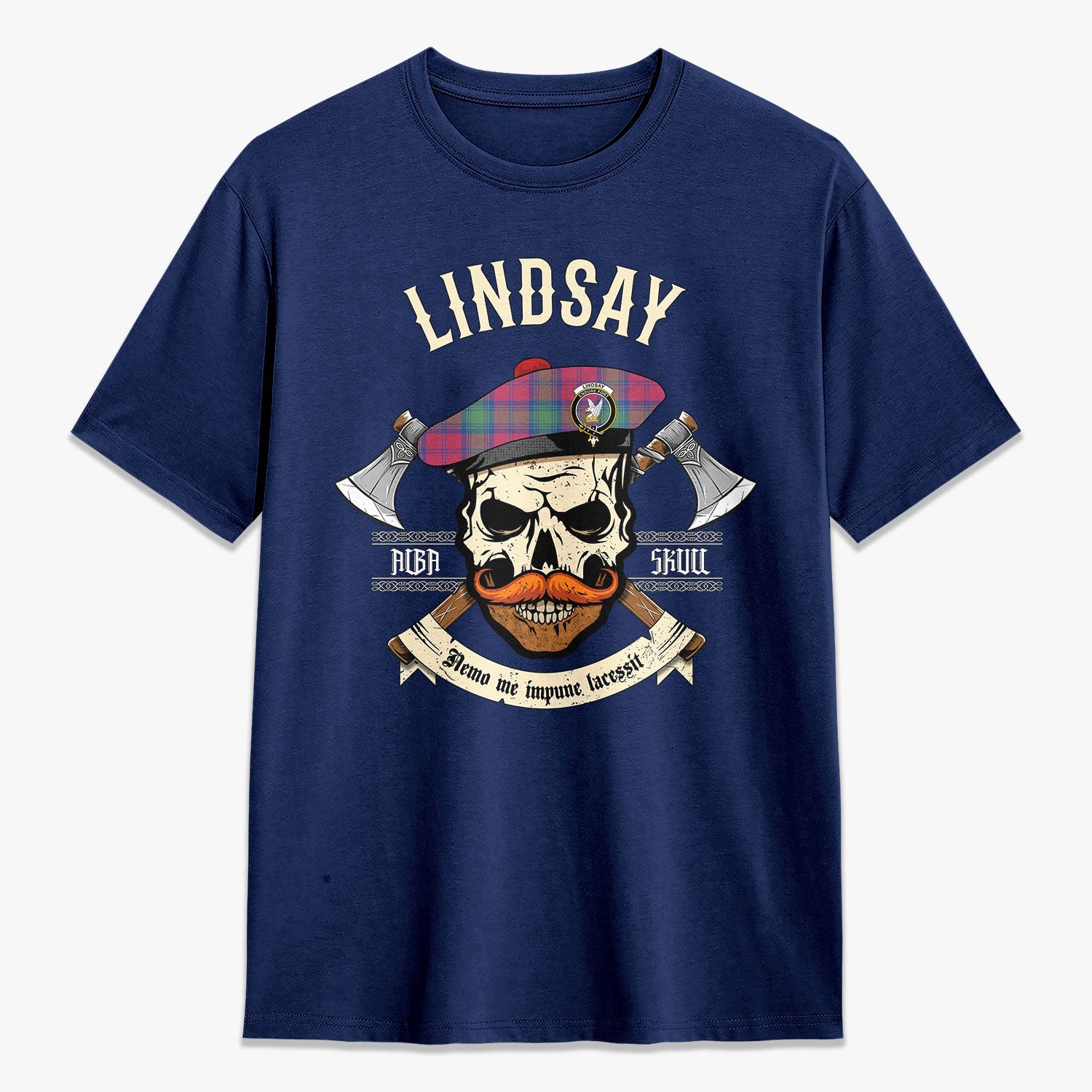 Lindsay Ancient Tartan Crest 2D T-shirt - Alba Skull Style