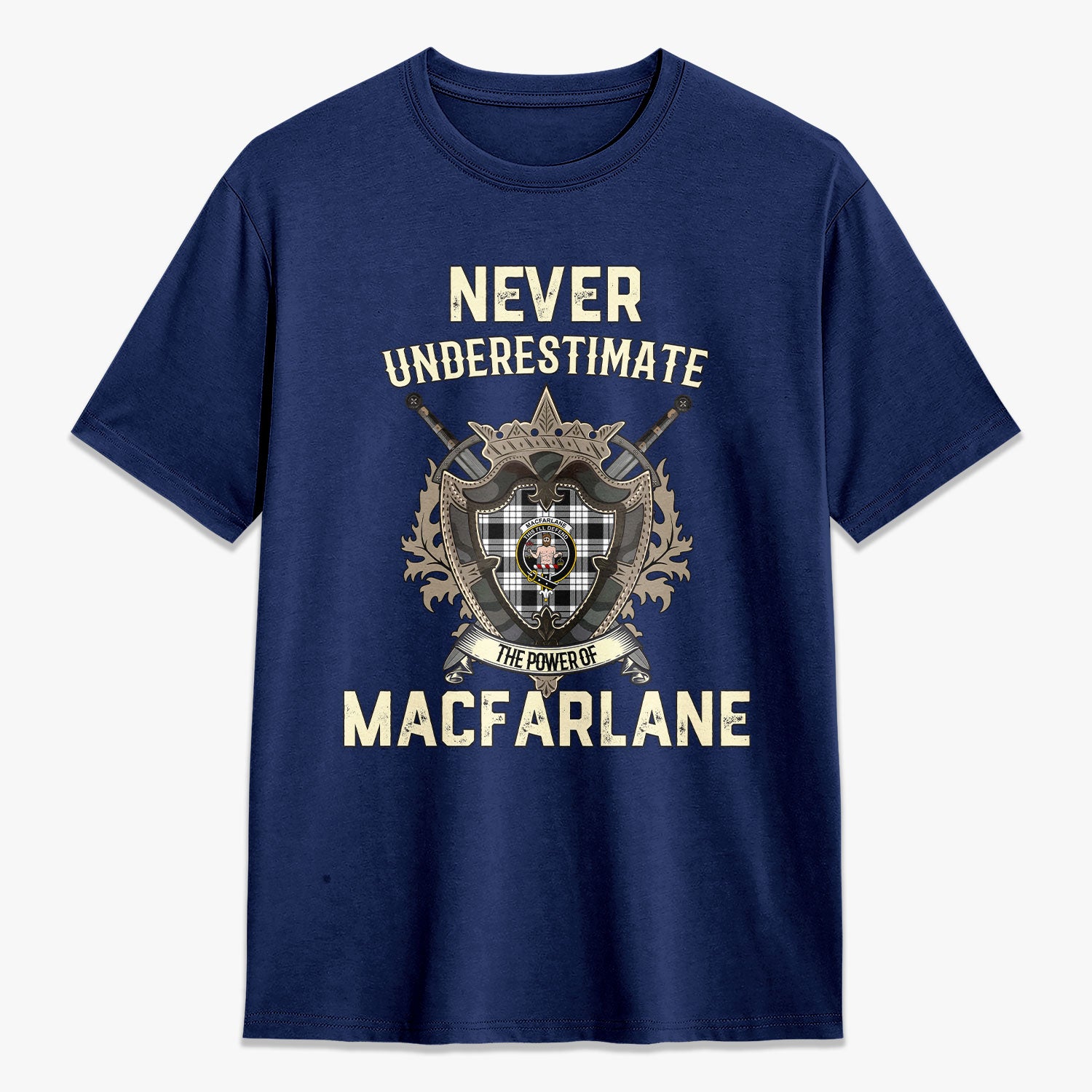 MacFarlane Black - White Tartan Crest 2D T-shirt - Never Underestimate Style