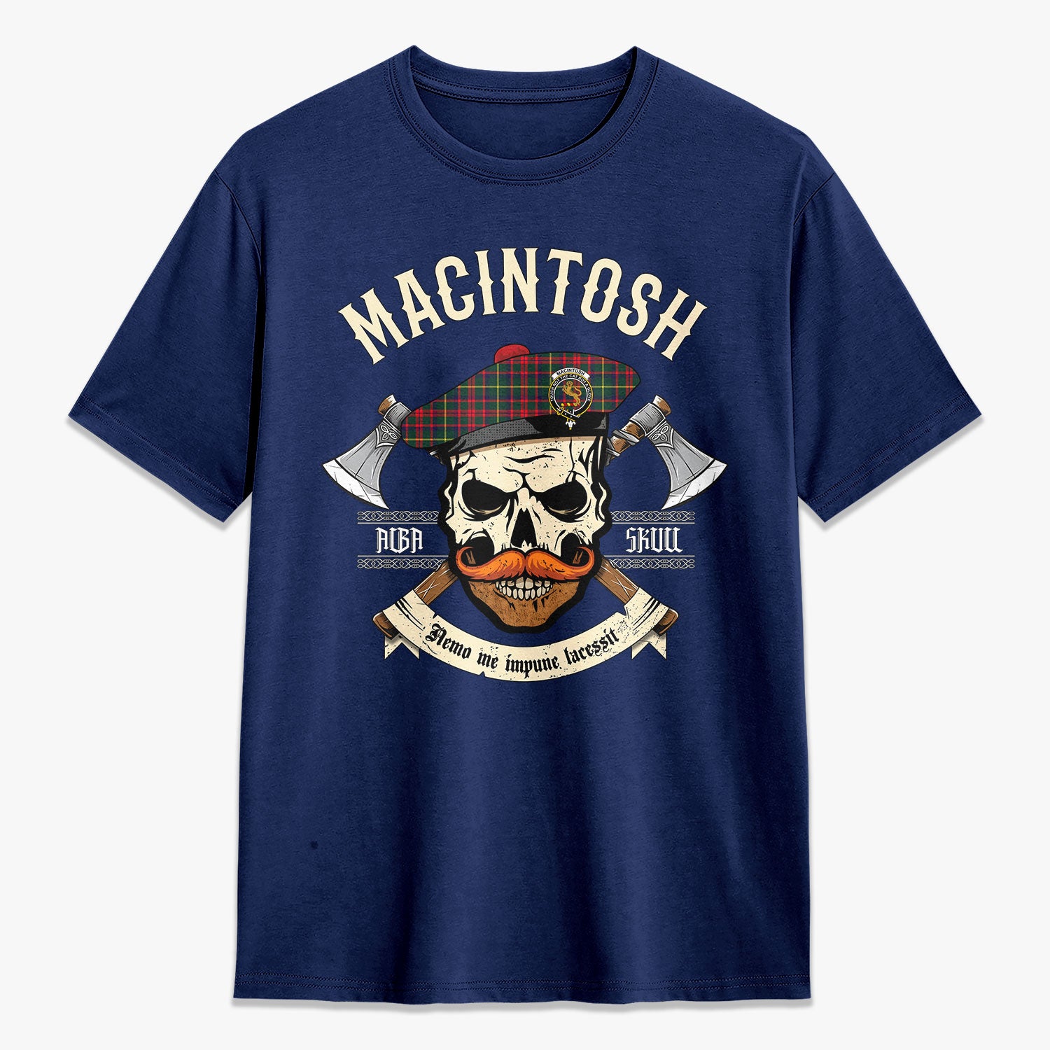 MacIntosh Hunting Modern Tartan Crest 2D T-shirt - Alba Skull Style