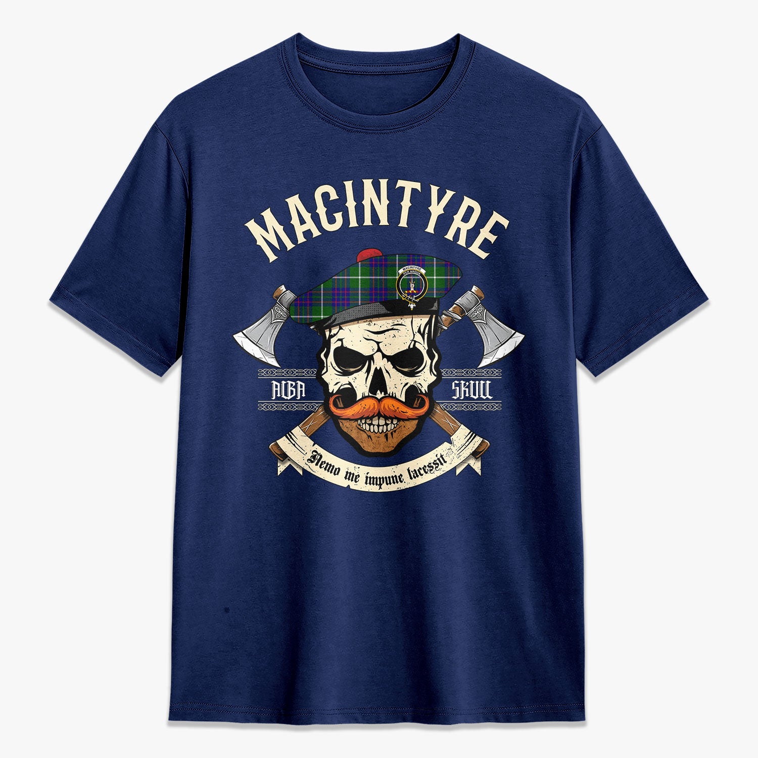 MacIntyre Hunting Modern Tartan Crest 2D T-shirt - Alba Skull Style