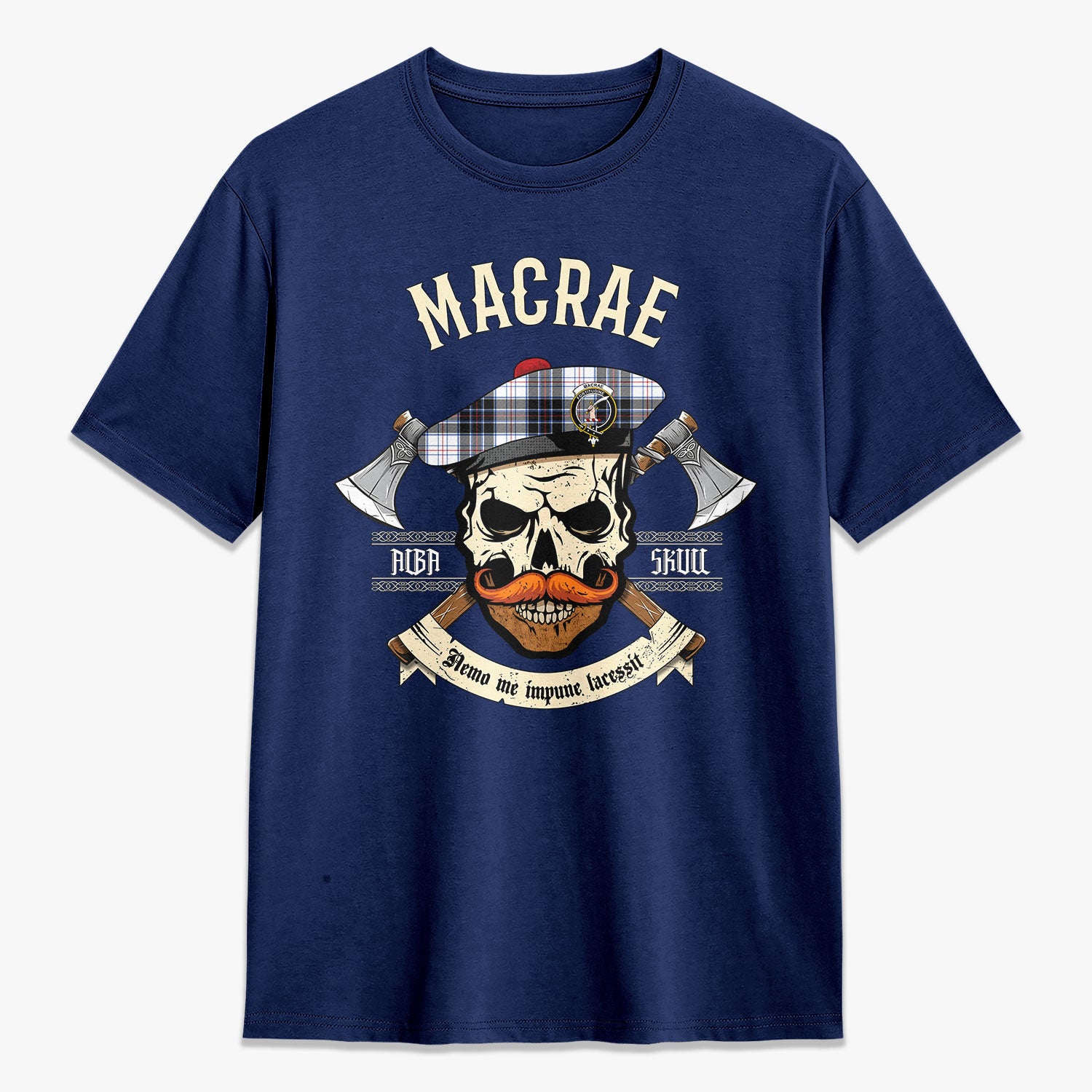 MacRae Dress Modern Tartan Crest 2D T-shirt - Alba Skull Style