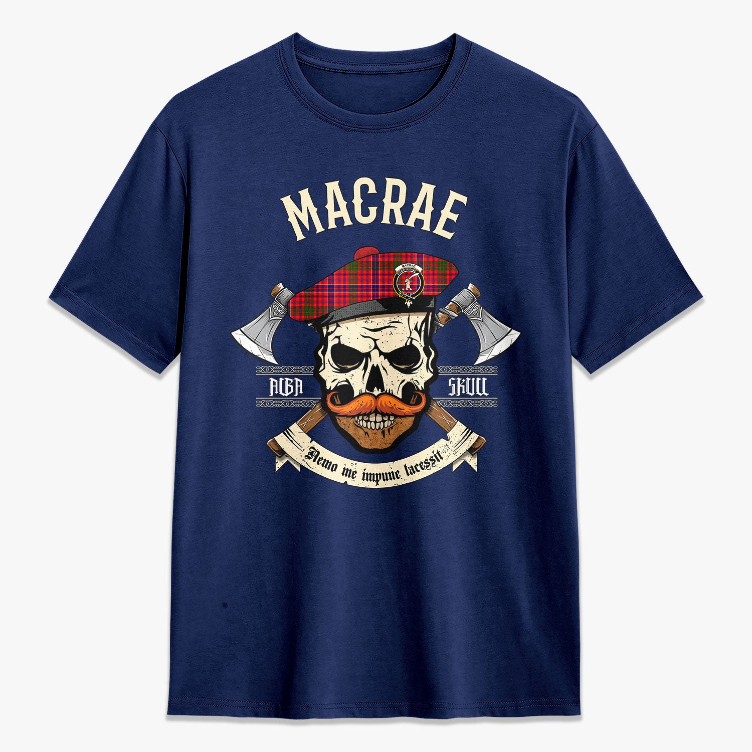 MacRae Modern Tartan Crest 2D T-shirt - Alba Skull Style