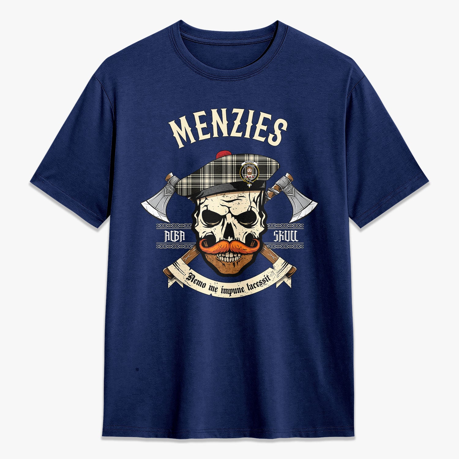 Menzies Black - White Ancient Tartan Crest 2D T-shirt - Alba Skull Style