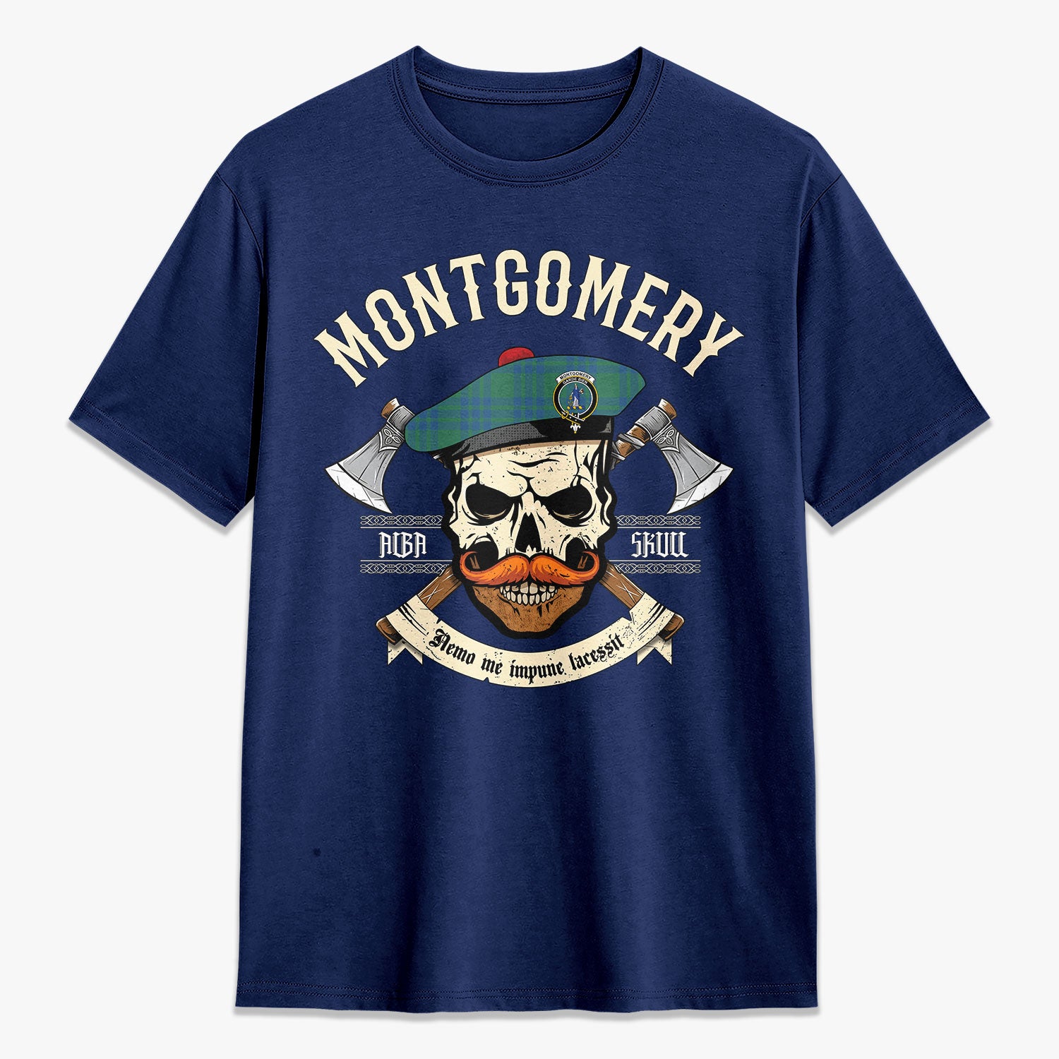 Montgomery Ancient Tartan Crest 2D T-shirt - Alba Skull Style