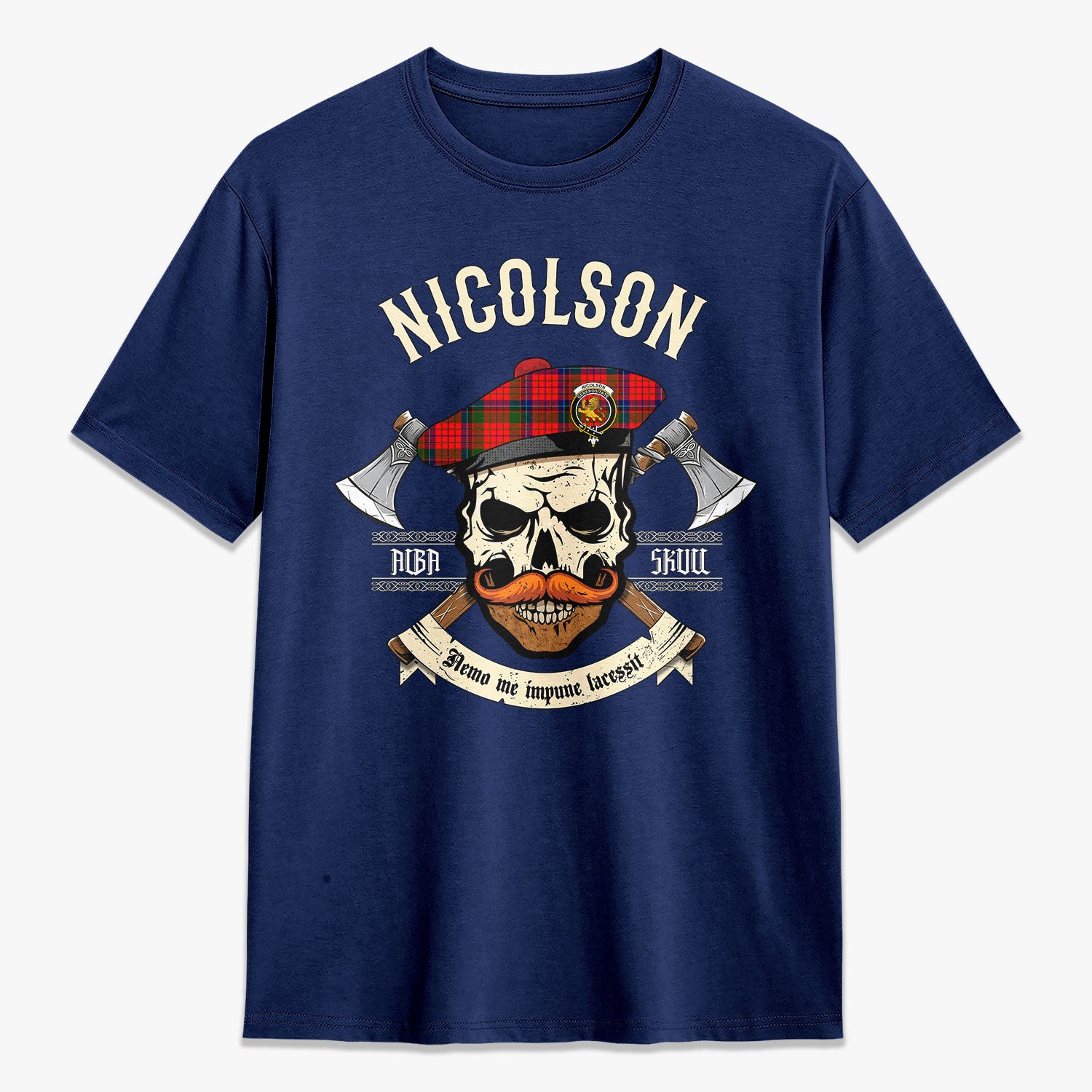 Nicolson Modern Tartan Crest 2D T-shirt - Alba Skull Style