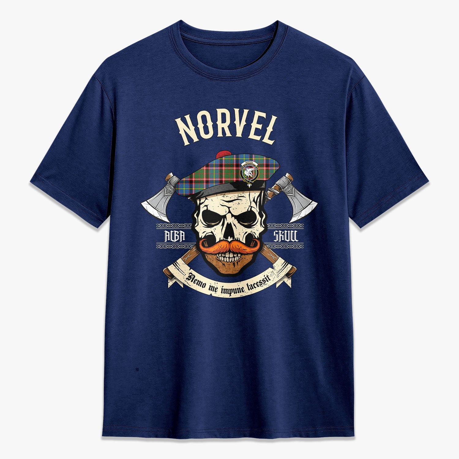 Norvel (or Norvill) Tartan Crest 2D T-shirt - Alba Skull Style